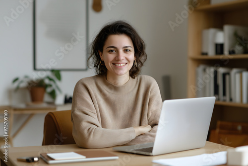Free Download Young happy business woman sitting at work desk with laptop. Smiling school professional online teacher coach advertising virtual distance students classes teaching remote education webinars. Portrait - GFXLoad