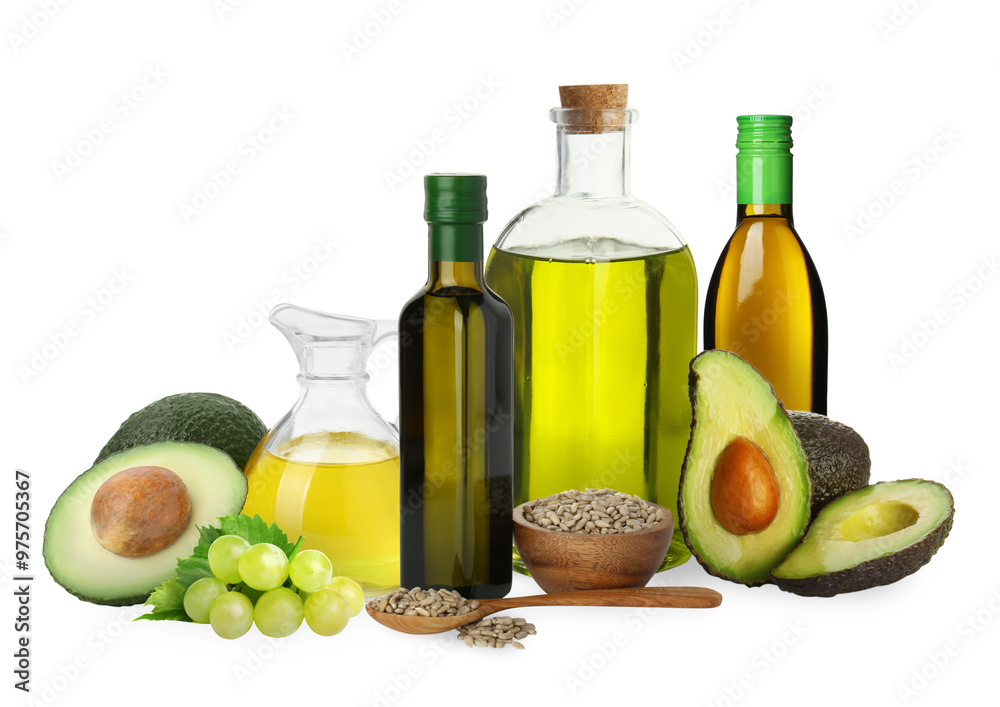 Vegetable fats. Set of different oils and ingredients isolated on white Vegetable fats. Set of different oils and ingredients isolated on white