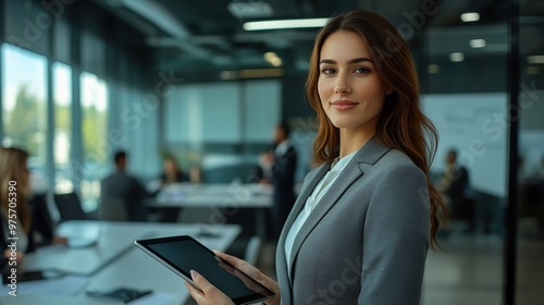 Free Download A corporate executive woman holding a digital tablet and smiling confidently while standing in a stylish office - GFXLoad