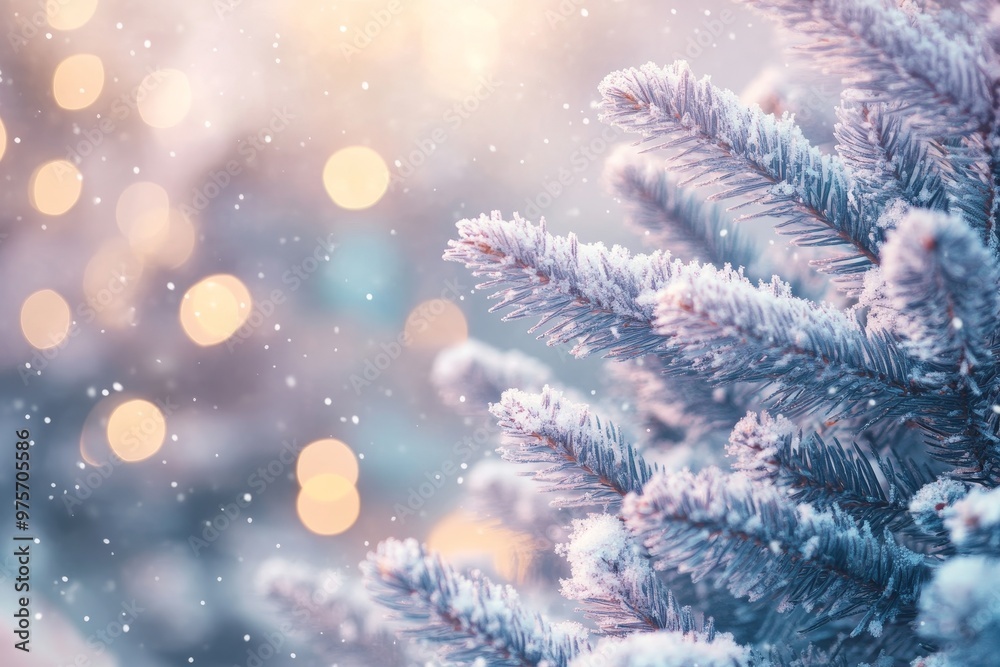Enchanting winter wonderland snow covered fir trees and bokeh lights create a festive scene Enchanting winter wonderland snow covered fir trees and bokeh lights create a festive scene