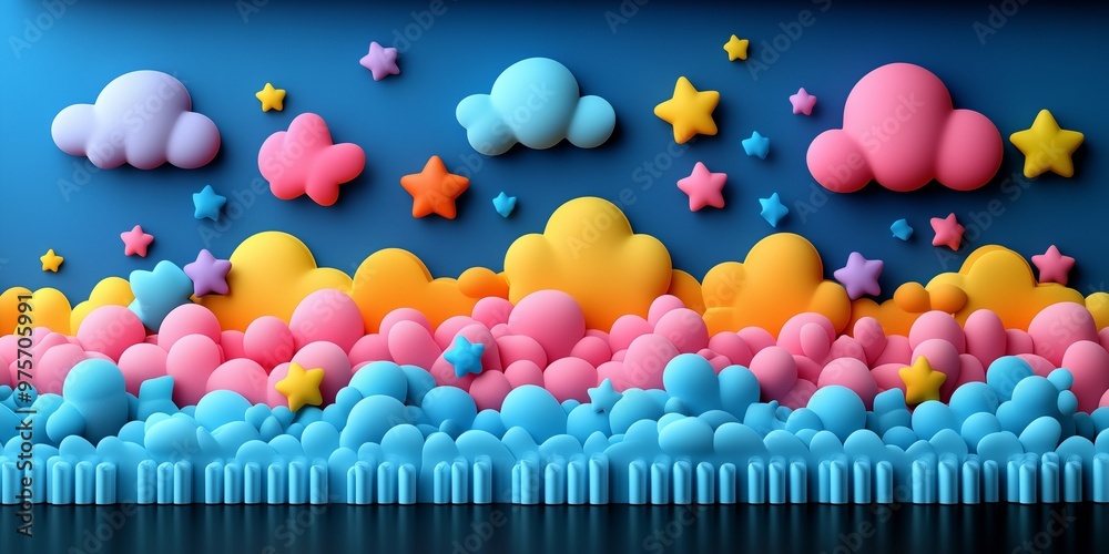 Colorful 3D abstract of clouds and stars in vibrant pastel hues. Colorful 3D abstract of clouds and stars in vibrant pastel hues.