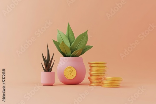 Two plants in pink pots with growing coins symbolizing financial growth on a peach background. photo