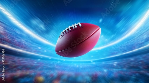 An American football flies through the air with dynamic motion trails behind it, soaring over a crowded stadium 