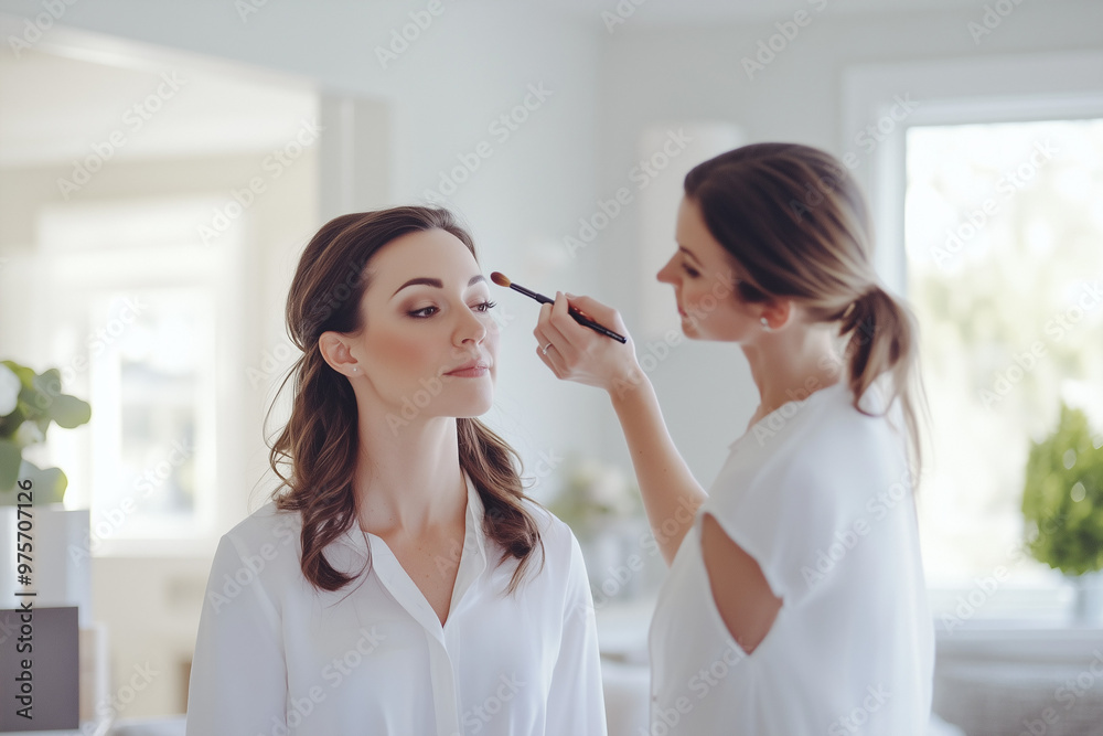 Makeup artist applying eyeshadow to a woman in a well-lit room, focusing on beauty and precision during a professional makeup session Makeup artist applying eyeshadow to a woman in a well-lit room, focusing on beauty and precision during a professional makeup session