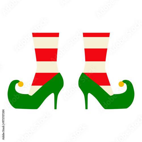 Tiempo de Navidad. Logo con piernas con medias y zapatos de mujer de tacón alto de elfo de Santa Claus para tarjetas y felicitaciones