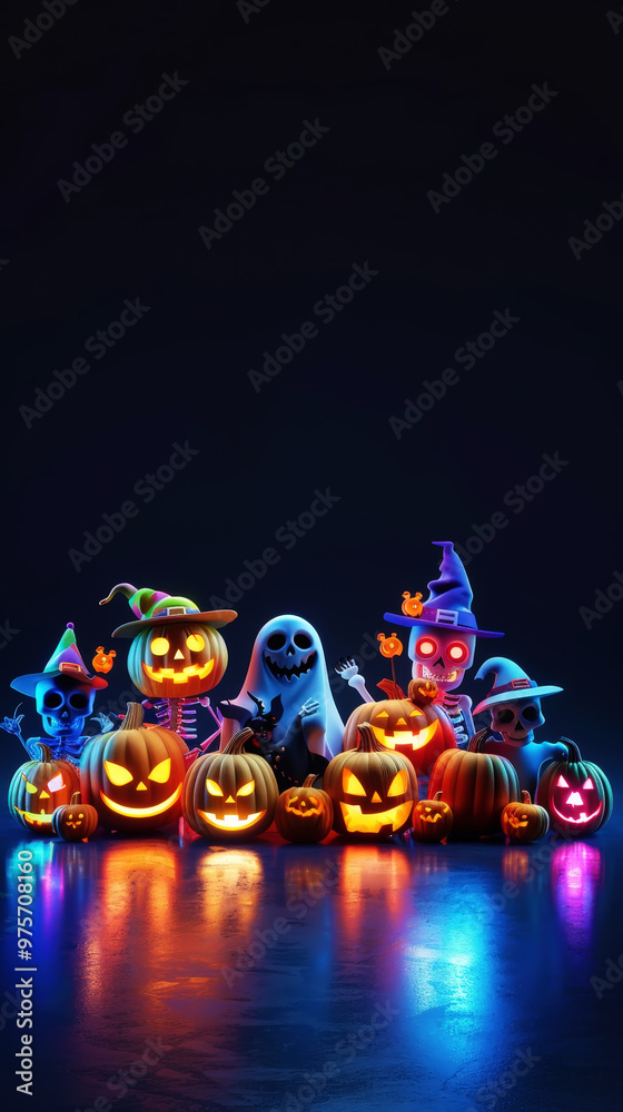 Fototapeta premium Neon Halloween greeting card with glowing 3D pumpkins, ghosts, skeletons, dark background. Copy space. Generative AI