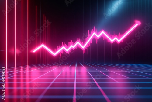 A vibrant neon pink financial chart with rising trend lines on a futuristic grid background.