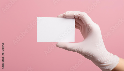 Hand in white medical glove holding blank white card. Empty template. Pink backdrop. Mock-up.