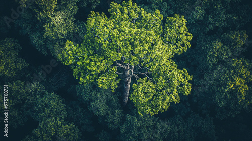 Aerial view of a lone green tree surrounded by dense forest canopy in midday light photo