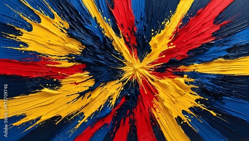  An abstract artwork featuring bold splashes of deep blues, bright yellows, and fiery reds, with textured brushstrokes and layers giving depth and movement to the piece