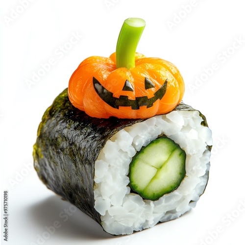 A Halloween-themed sushi roll with a pumpkin stem made of cucumber, festive and cute, isolated on white background photo