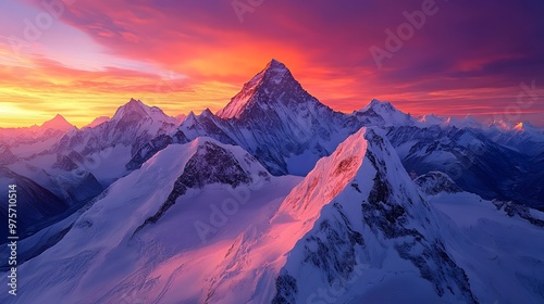 snowy mountains at sunset with vibrant pink and orange sky	