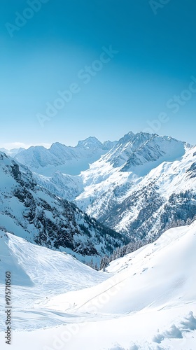 snow-covered mountains with clear blue sky and valley view in winter 