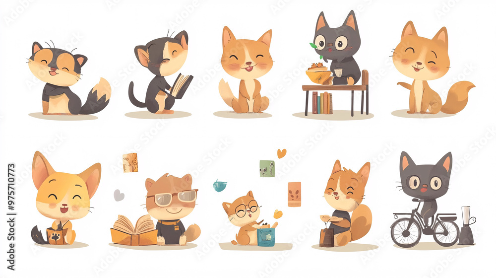 Fototapeta premium Cute Cats with Activities Illustration