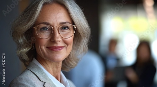 A close-up of a businesswoman holding a tablet in an open-plan office with a focused, professional expression