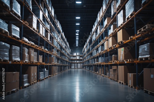 Expansive freight transportation warehouse featuring organized shelves and storage racks