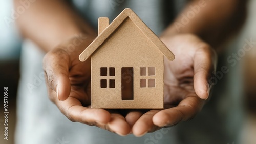 A person holds a small cardboard house, symbolizing home, comfort, and security, with hands showcasing care and warmth.