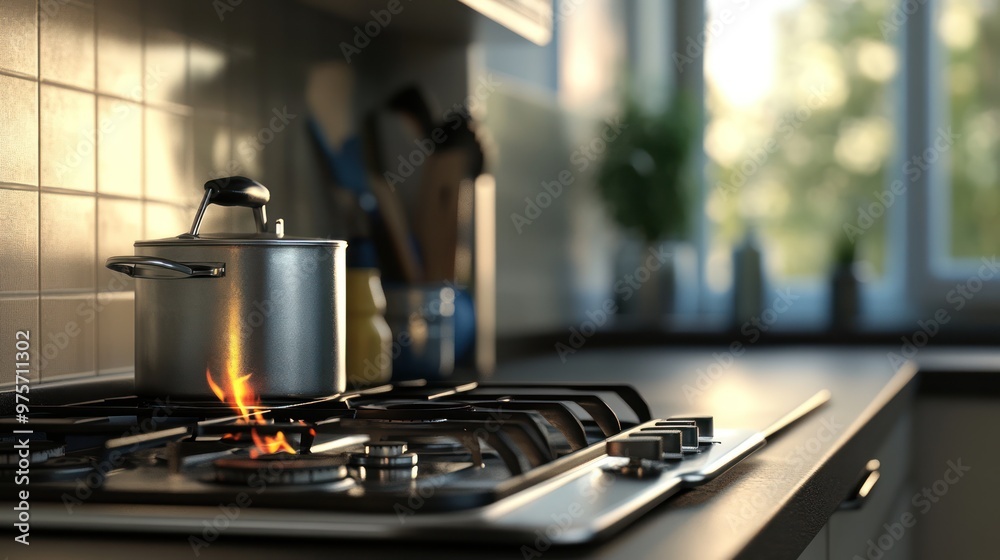 Residential kitchen using LPG gas for cooking, with a stove and a small cylinder on the side Residential kitchen using LPG gas for cooking, with a stove and a small cylinder on the side