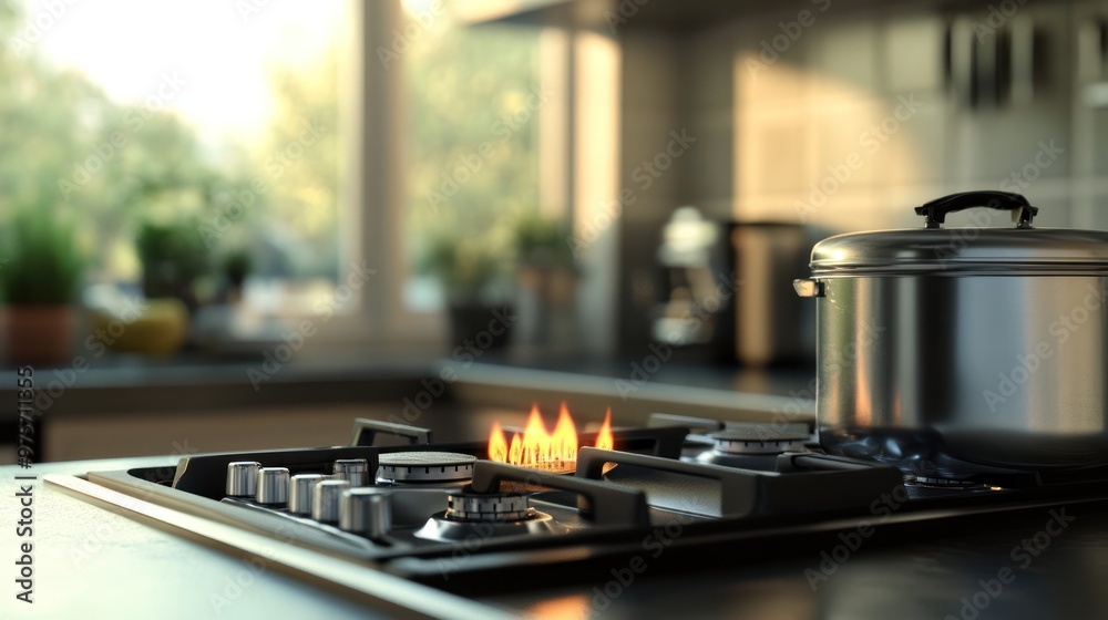 Residential kitchen using LPG gas for cooking, with a stove and a small cylinder on the side Residential kitchen using LPG gas for cooking, with a stove and a small cylinder on the side