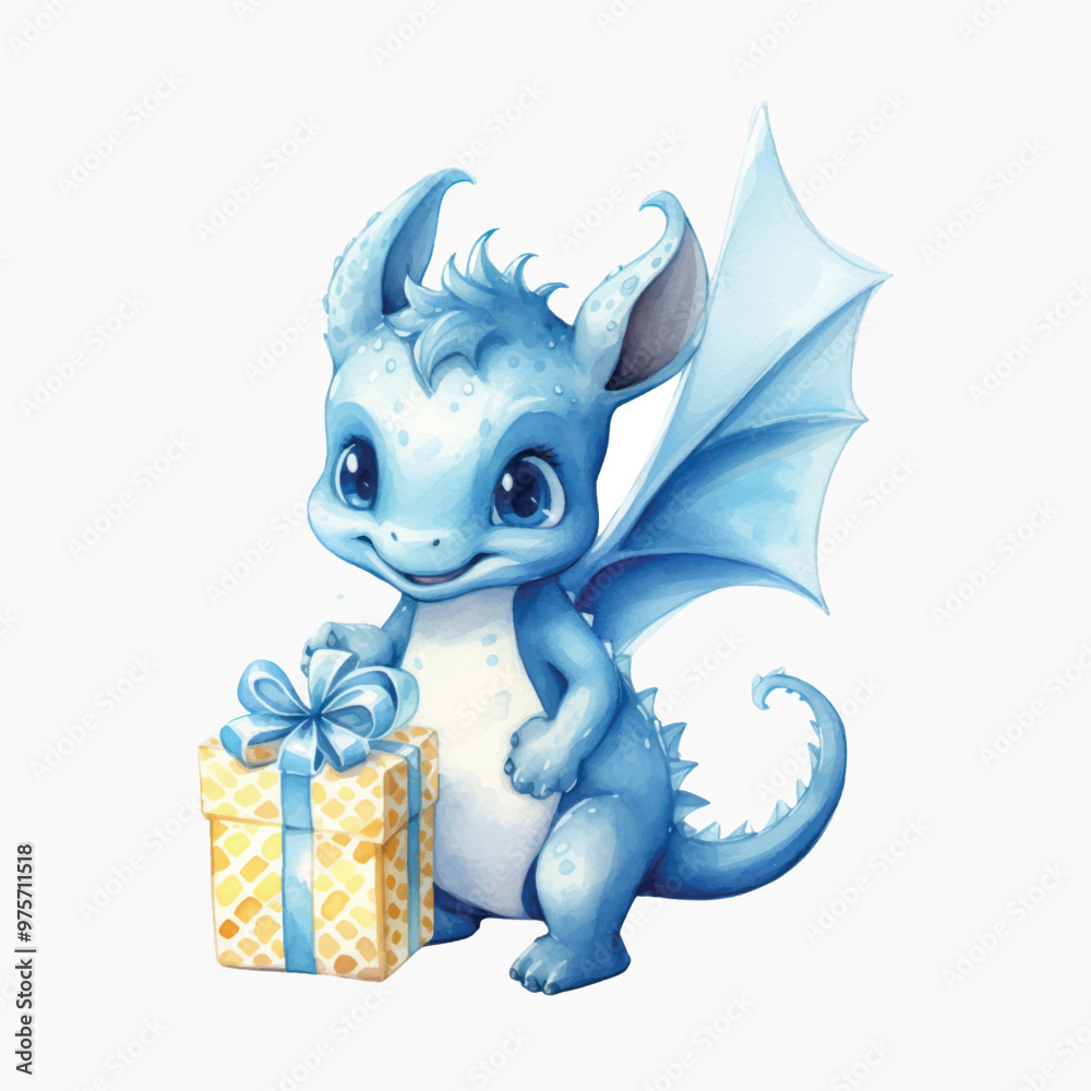 Cute blue dragon holding gift