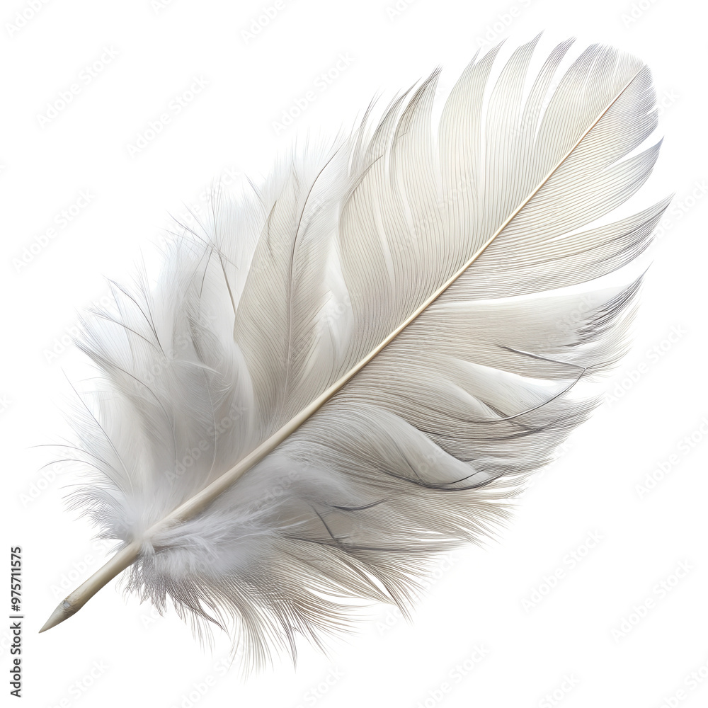 Fluffy White Feather - Gently Lying on White Background Fluffy White Feather - Gently Lying on White Background