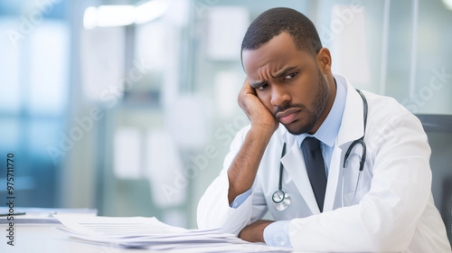 A close-up of an African American male doctor sitting at his desk in a clinic, resting his face in his hand, with a sad and worried expression. Medical charts and paperwork are sca