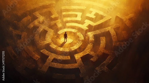 A lone figure stands at the center of a large, intricate maze, bathed in warm, golden light, symbolizing the challenges and complexities of life's journey. photo