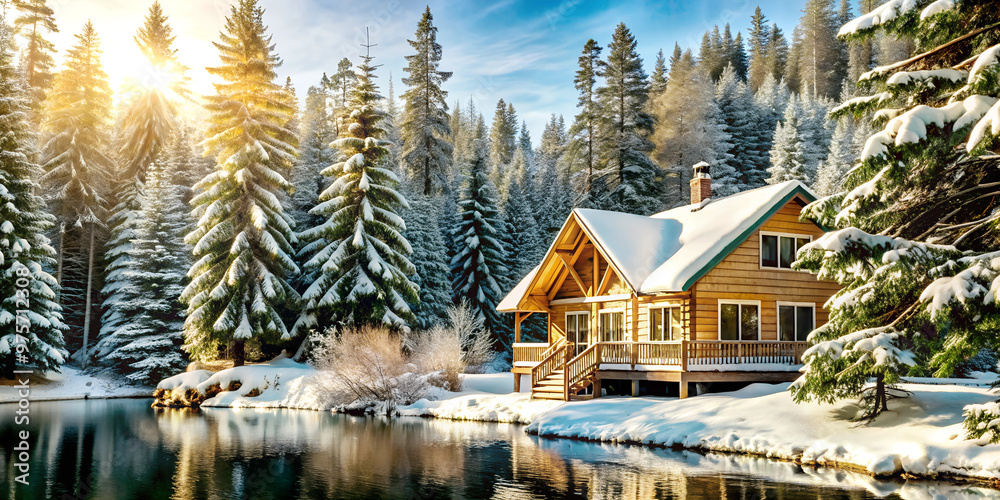 Beautiful wooden cabin by a forest lake, snow-covered pine forest, bright sunlight shining through the branches, joyful atmosphere Beautiful wooden cabin by a forest lake, snow-covered pine forest, bright sunlight shining through the branches, joyful atmosphere