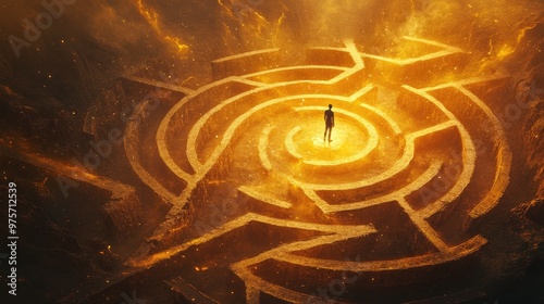 A solitary figure stands in the center of a fiery maze, symbolizing the challenges and uncertainties of life. photo