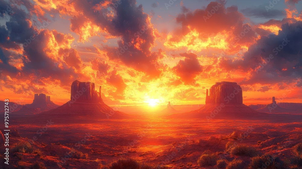 Fototapeta premium Breathtaking sunset over a vast desert landscape with dramatic clouds, towering mesas, and vibrant, fiery colors