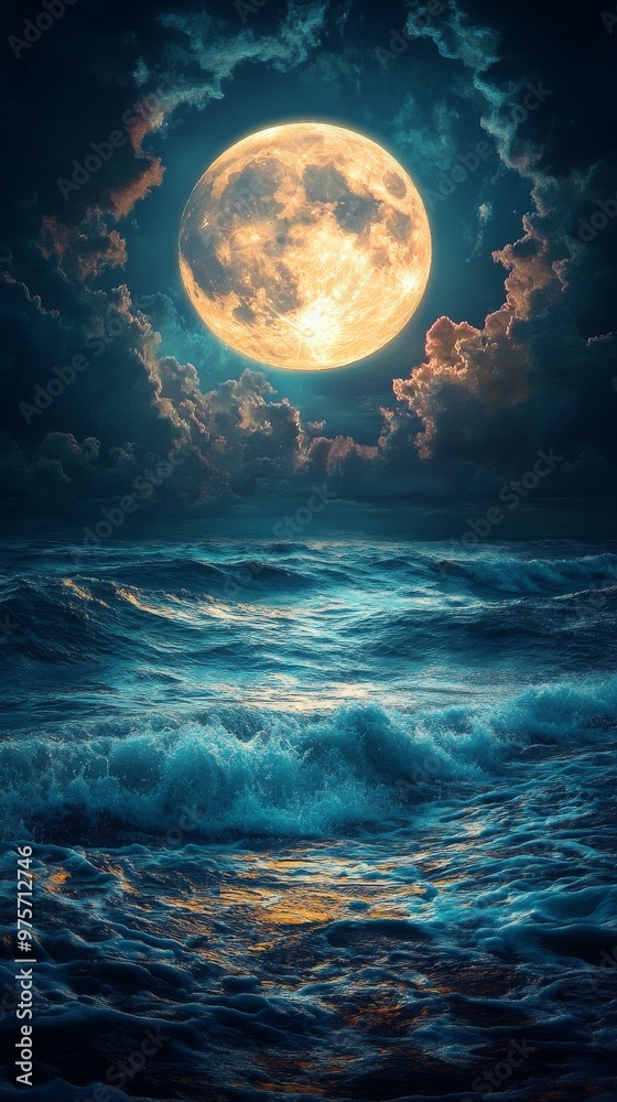 Fototapeta premium Bright full moon illuminates the night sky over a turbulent ocean, with dramatic clouds enhancing the captivating scene