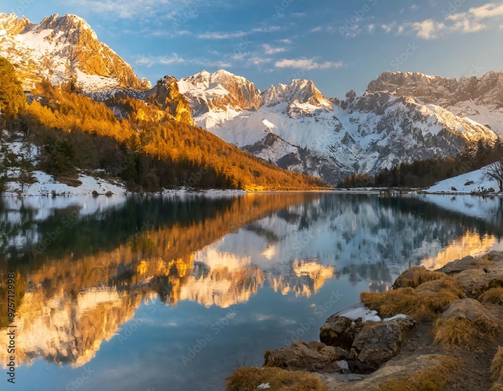 Snow-capped peaks reflected in a tranquil alpine lake during winter Snow-capped peaks reflected in a tranquil alpine lake during winter