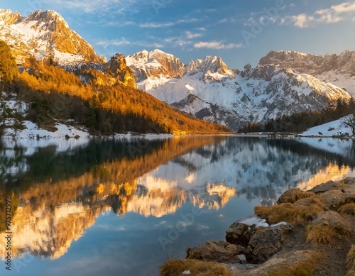 Snow-capped peaks reflected in a tranquil alpine lake during winter