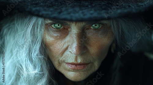 Close-up of an elderly person with striking green eyes, silver hair, and wearing a dark hat, giving an intense gaze