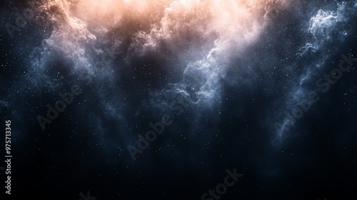 Cosmic scene with swirling clouds of gas and dust illuminated by a warm glow against a dark background photo