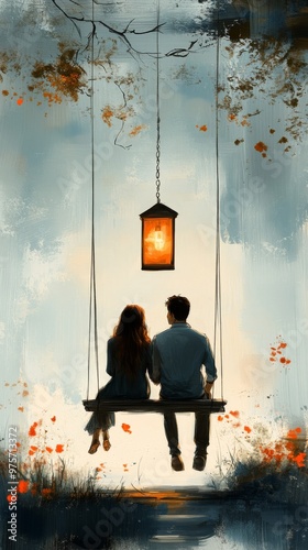 Couple sits on a swing beneath a glowing lantern amidst an abstract, colorful landscape of orange and blue hues