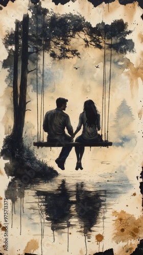Couple sits on a swing by a serene lake, holding hands, with trees and birds in the background