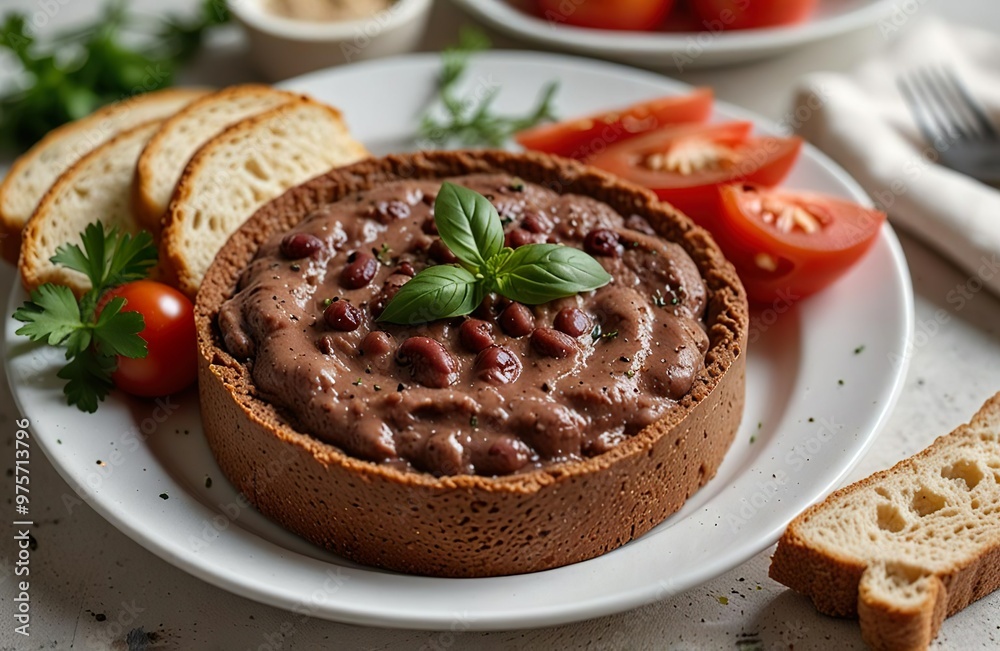 Vegan simple imperfect red bean pate hummus muss on a white table in a white plate, slices of bread, tomatoes, green herbs. Vegan simple imperfect red bean pate hummus muss on a white table in a white plate, slices of bread, tomatoes, green herbs.
