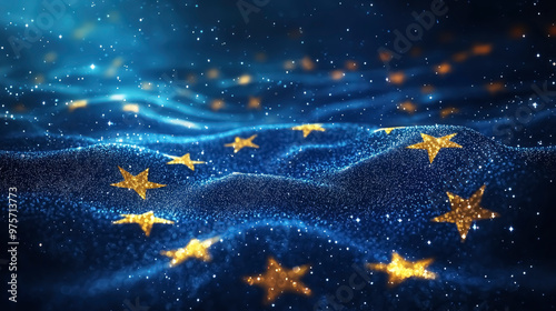 EU flags in a swirling circle, symbolizing unity and cooperation amidst a serene night sky, illuminated by soft lights and shimmering stars