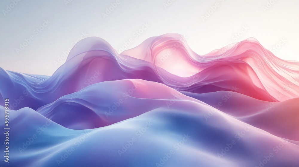 Fototapeta premium Depicts ethereal, flowing, pastel-colored fabric-like waves in shades of pink, purple, and blue, creating a serene landscape