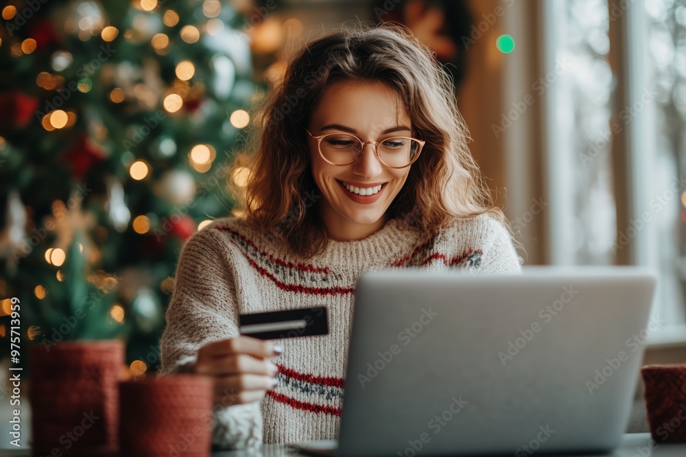 A woman in glasses uses a laptop for online holiday shopping, holding a credit card next to a Christmas tree. A woman in glasses uses a laptop for online holiday shopping, holding a credit card next to a Christmas tree.