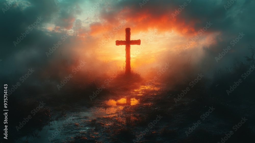 Dramatic sunset casts an ethereal glow on a solitary cross, surrounded by mist and reflective puddles on the ground Dramatic sunset casts an ethereal glow on a solitary cross, surrounded by mist and reflective puddles on the ground