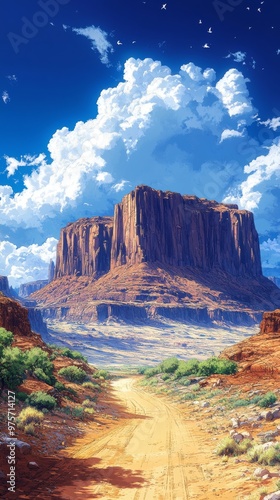Dirt road leads through a desert landscape towards a massive butte, beneath a vibrant sky filled with fluffy clouds