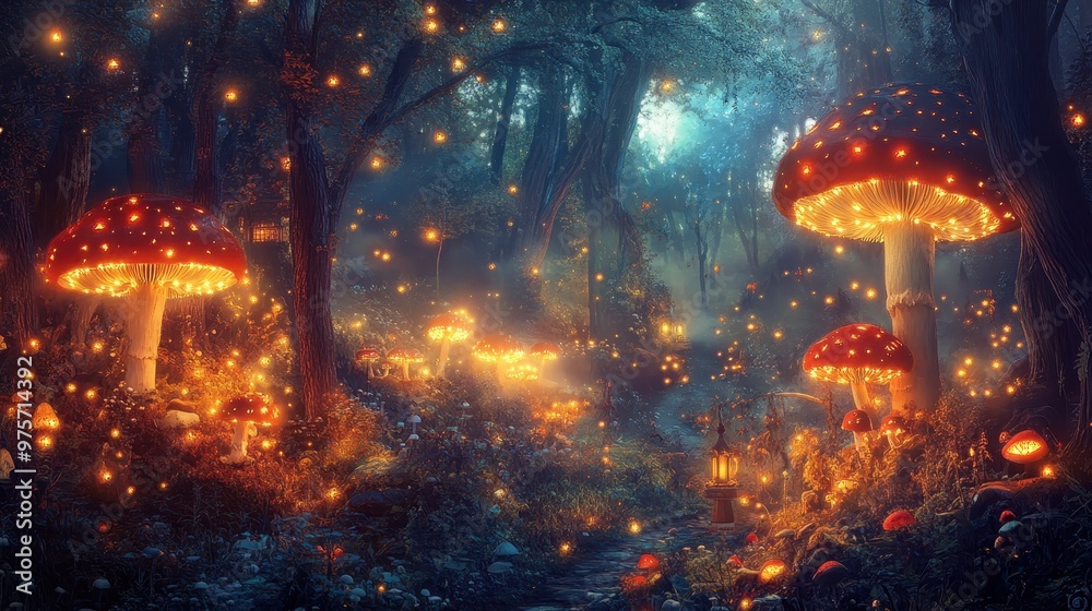 Enchanted Forest Path Illuminated by Glowing Mushrooms