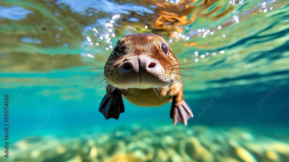 Playful Platypus in Australian Creek, a lively platypus gliding through clear waters surrounded by lush greenery and gentle ripples.