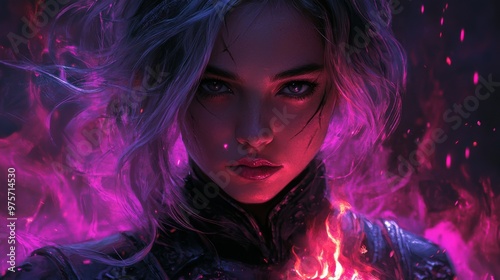 Fierce, silver-haired woman with glowing eyes, surrounded by mystical purple flames, exuding intense determination and power