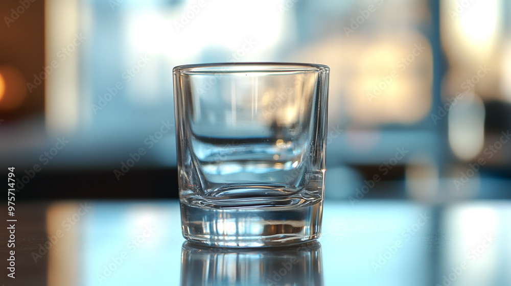 Clear glass tumbler on a reflective surface with a blurred background during daytime Clear glass tumbler on a reflective surface with a blurred background during daytime