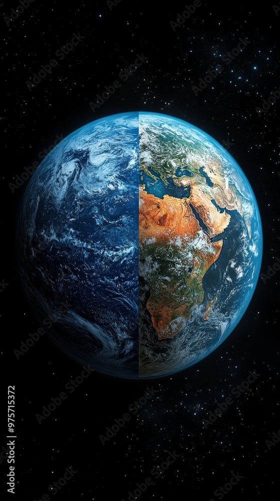 Fototapeta premium Half-ocean, half-land Earth against a starry background, showcasing contrasting surfaces of water and continents