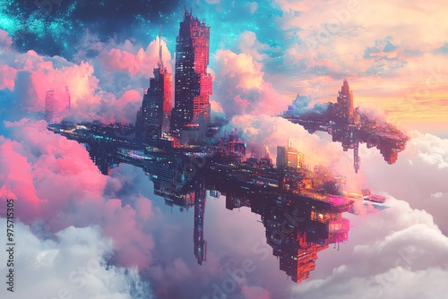 A surreal side view of a floating city photo