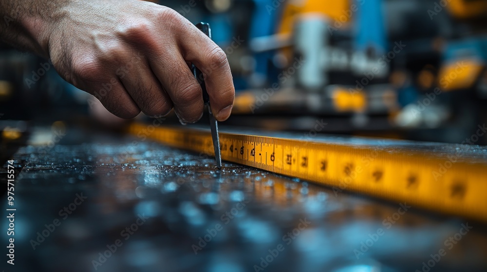Obraz premium Hand is closely focused, precisely using a measuring tape and tool for careful measurements in a workshop-like setting